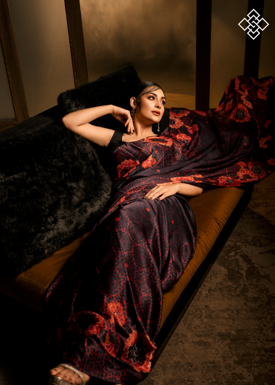 Midnight Ember Satin Floral Print Saree