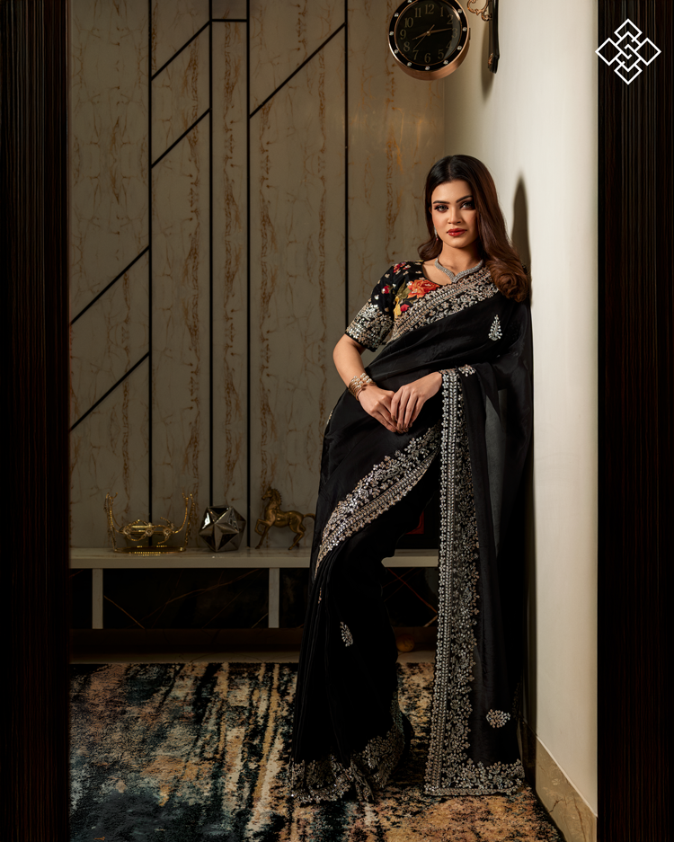 Intricate Silver Zari Work Organza Saree