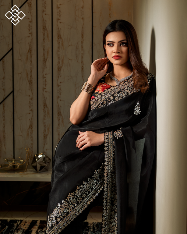 Intricate Silver Zari Work Organza Saree