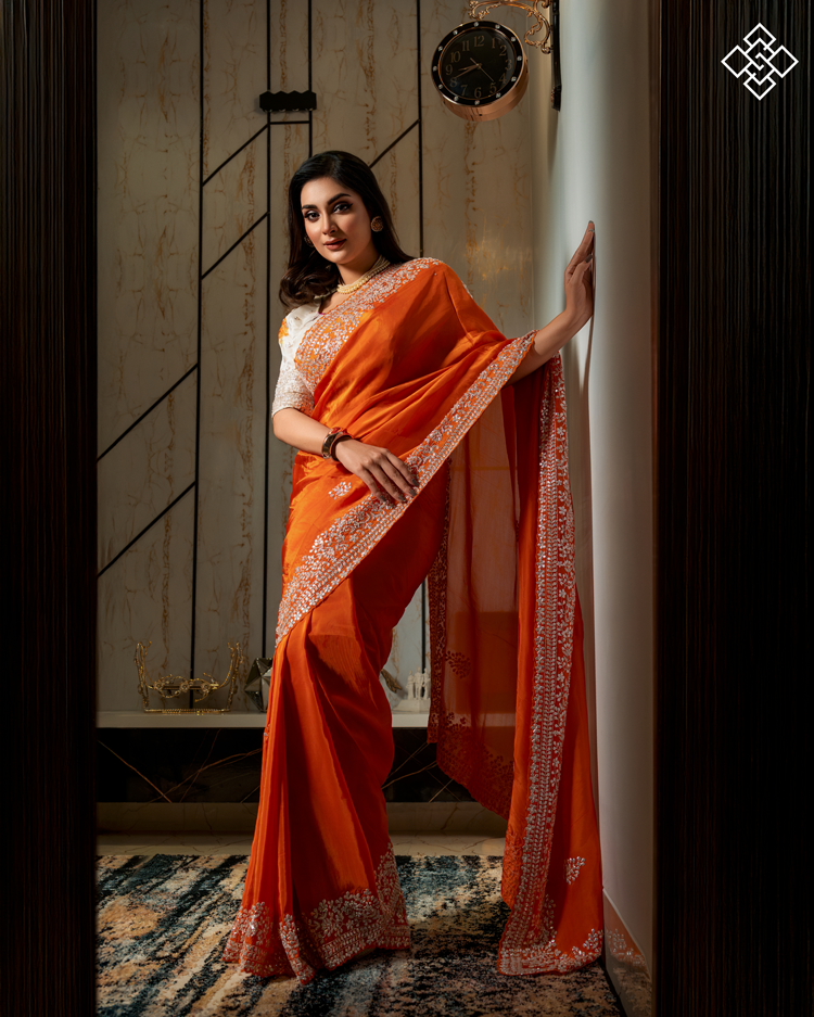 Dazzling Hand-Embellished Sheer Orange Saree