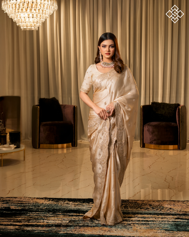 Bridal Ivory Heavy Zari Work Satin Saree