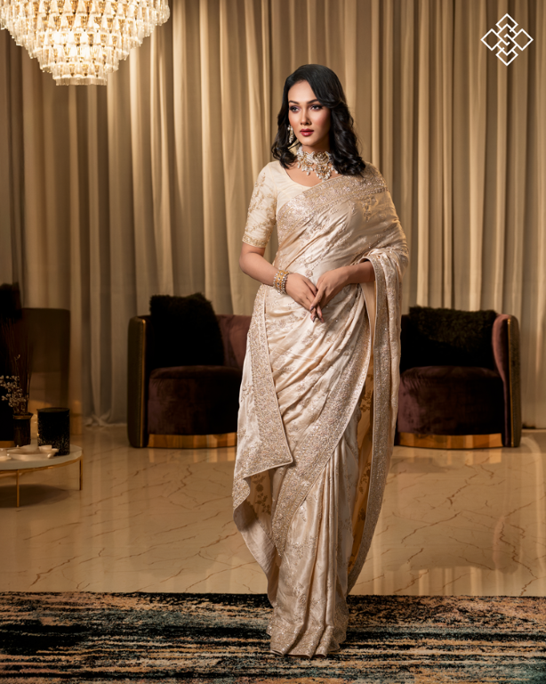 Champagne Glow Duchess Satin Saree
