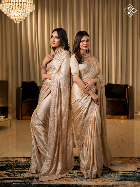 Champagne Glow Duchess Satin Saree