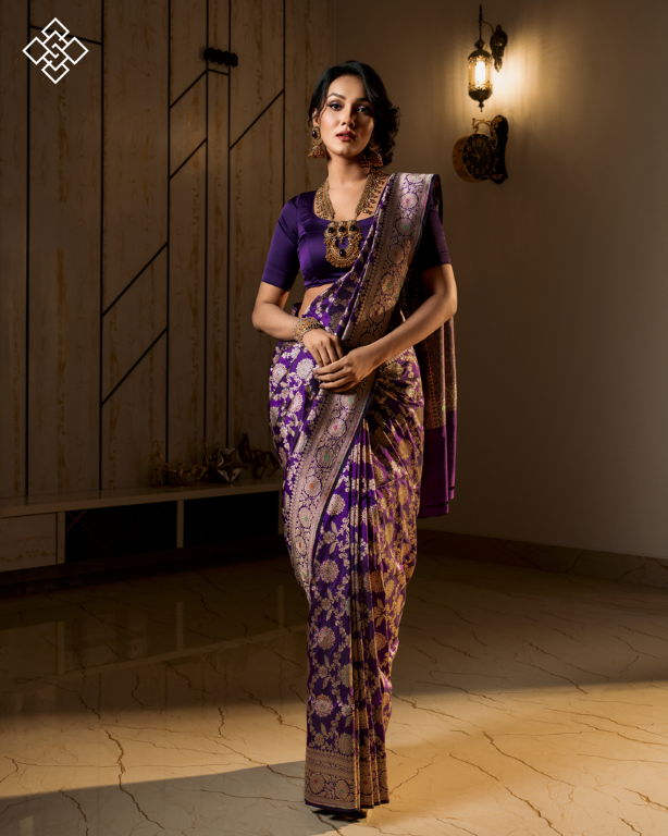 Pure Banarasi Silk Saree in Royal Purple & Gold Zari