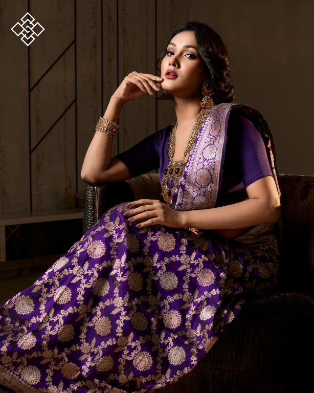 Pure Banarasi Silk Saree in Royal Purple & Gold Zari