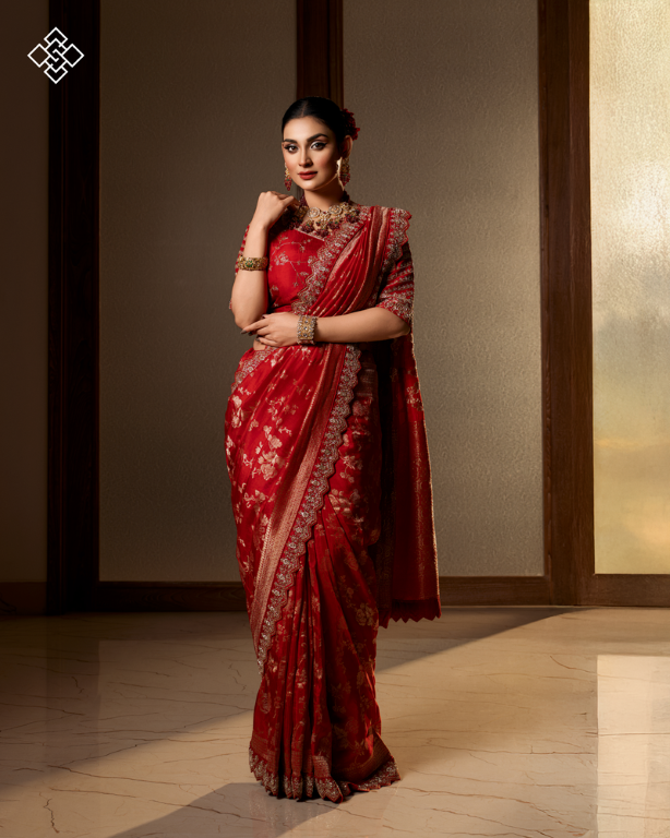 Intricate Gold Zari Woven Wedding Saree