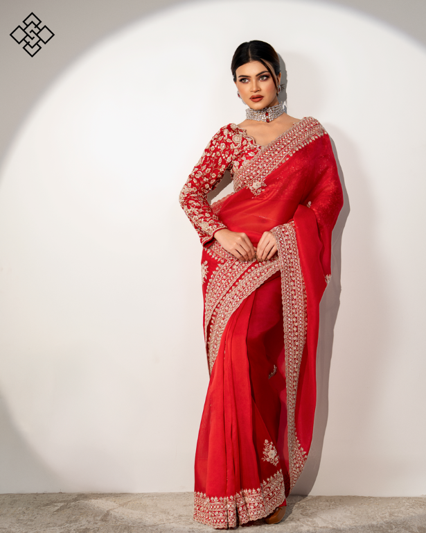 Grand Reception Embroidered Red Georgette Saree