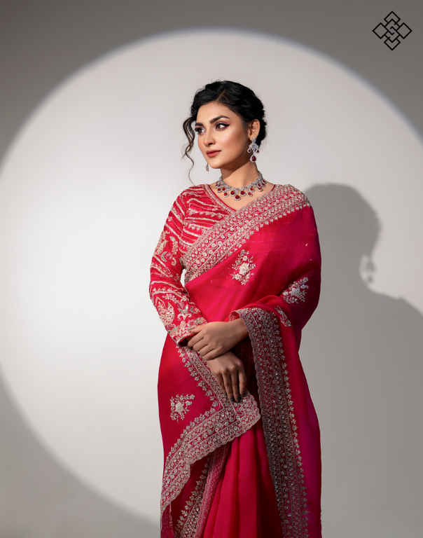 Crimson Silk Blend Saree with Heavy Embellishment